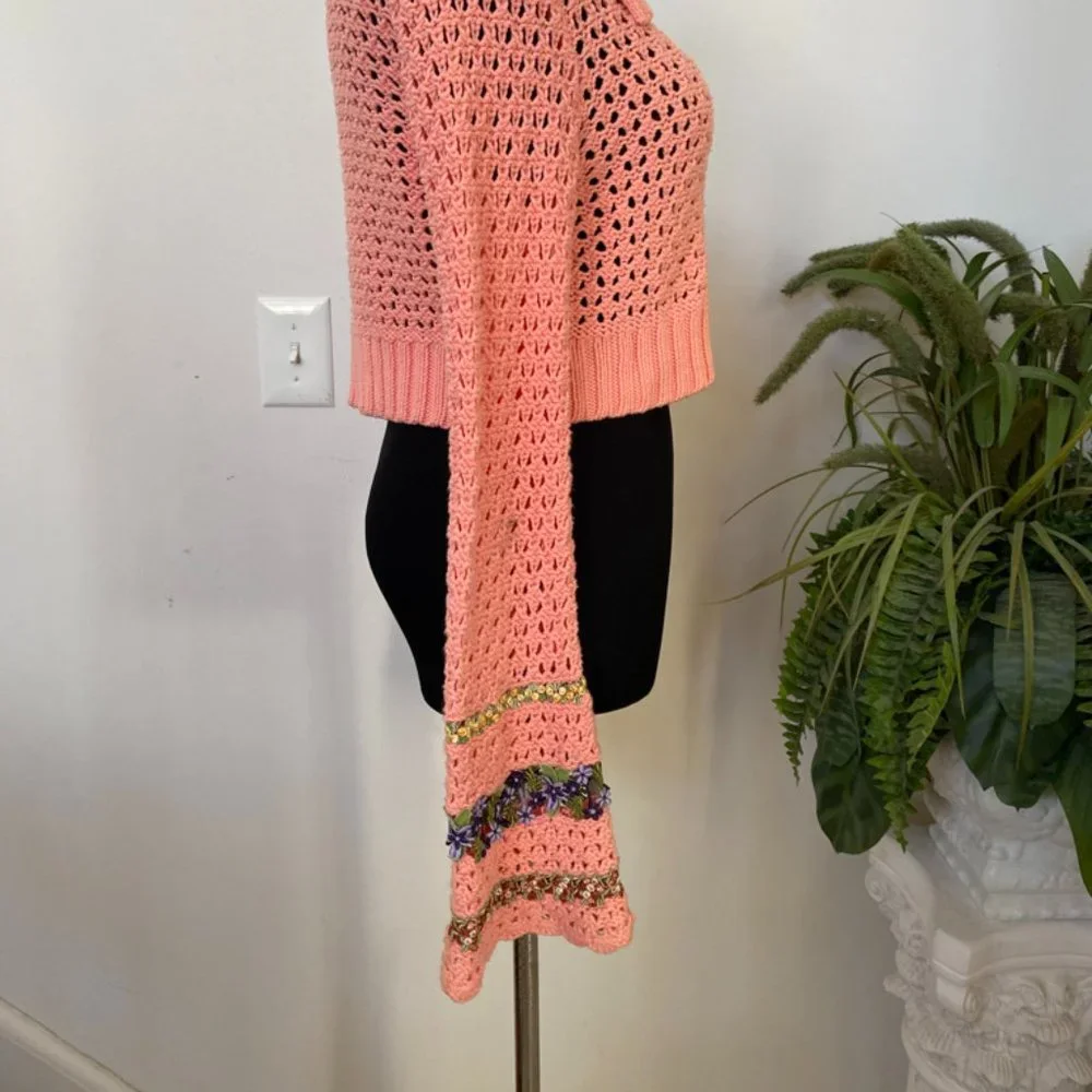 Free People‎ Knit Embroidery Peach Floral Boho Button Short Sweater Top Size L